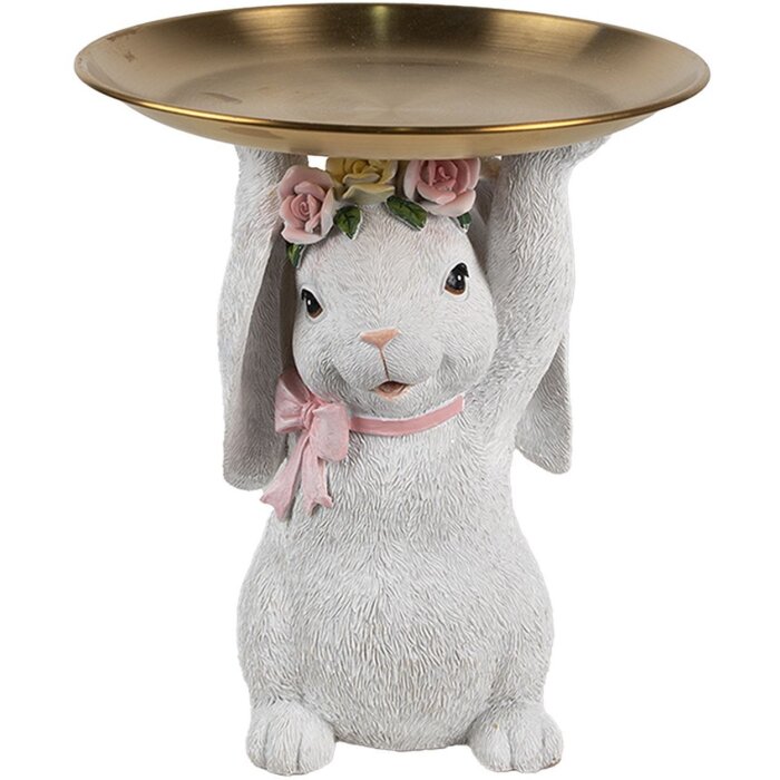 Clayre & Eef Décoration Lapin avec bol blanc or Ø 21 cm Polyrésine