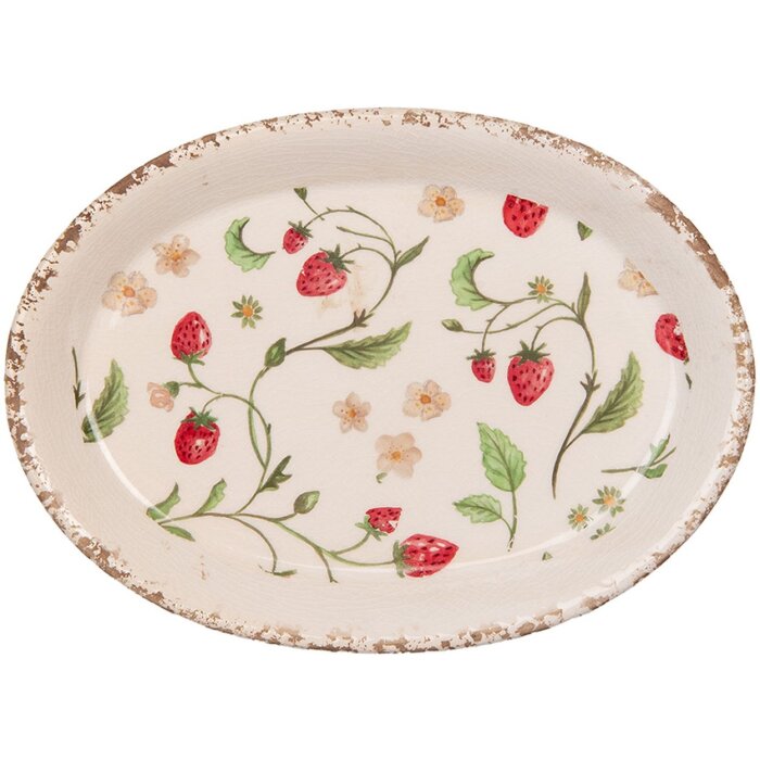 Clayre & Eef Assiette décorative 25x18x3 cm Beige Rouge avec motif de fraise