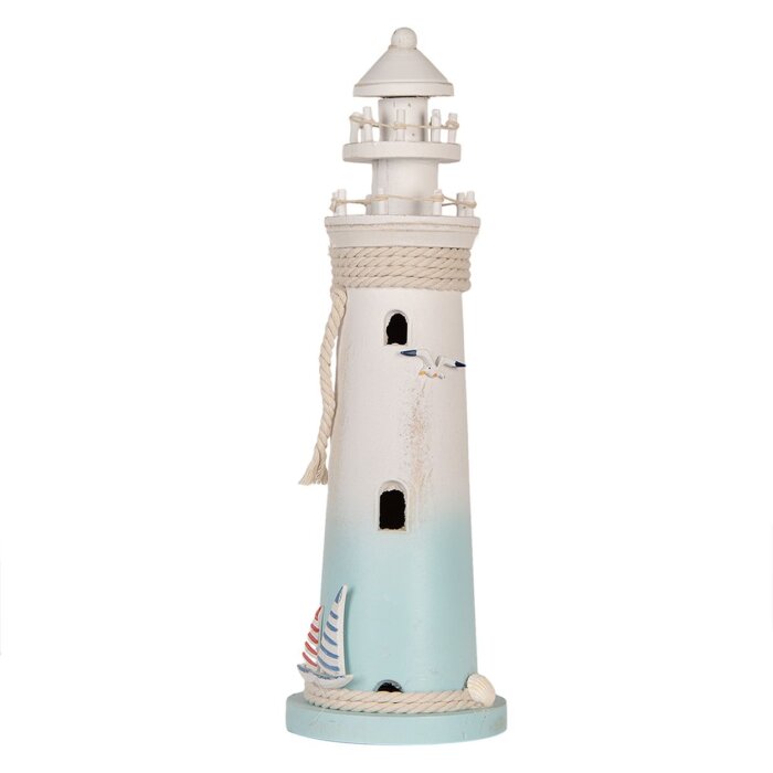 Clayre & Eef Phare Déco Blanc Bleu Ø 13x42 cm MDF Bois Décoration Maritime