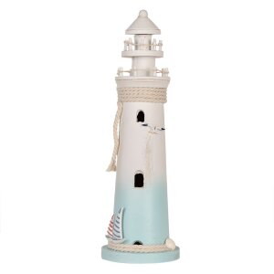 Clayre & Eef Phare Déco Blanc Bleu Ø 13x42 cm MDF Bois Décoration Maritime
