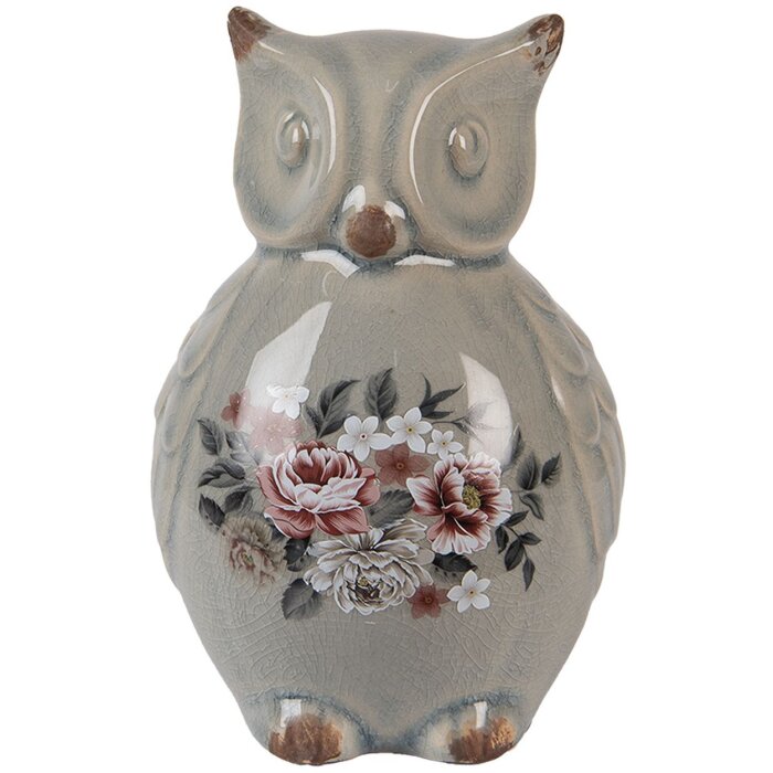 Clayre & Eef Chouette déco Figure en céramique Gris Rose 11x10x17 cm style campagnard