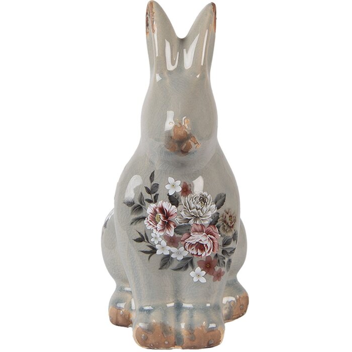 Clayre & Eef Lapin déco Céramique Gris Rose 13x10x21 cm style campagne vintage