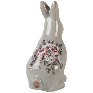 Clayre & Eef Lapin déco Céramique Gris Rose 13x10x21 cm style campagne vintage