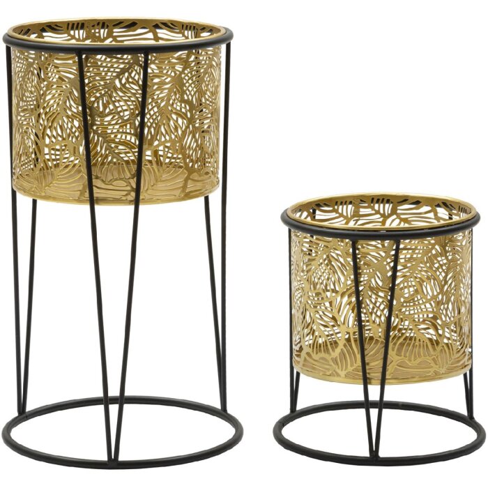 Mauro Ferretti Présentoir à fleurs Leavy set de 2 pièces Ø 21x40 et 19x22 cm or noir