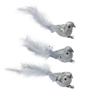 Clayre & Eef 66137 Déco oiseau set 3 argent avec plumes 12x3x4 cm Clip