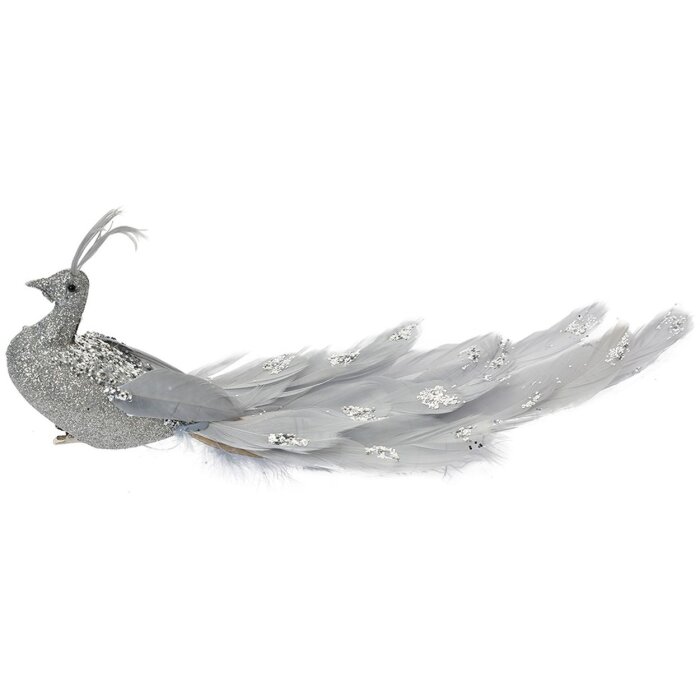 Clayre & Eef Oiseau de décoration argenté scintillant 30x9x9 cm avec plumes et clip
