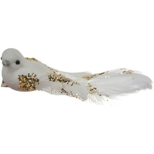 Clayre & Eef Lot de 2 oiseaux décoratifs blanc or 15x8x5 cm plastique scintillant