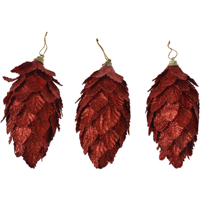 Clayre & Eef Pomme de pin Set 3pcs Rouge Ø7x13cm Décoration de Noël Plastique