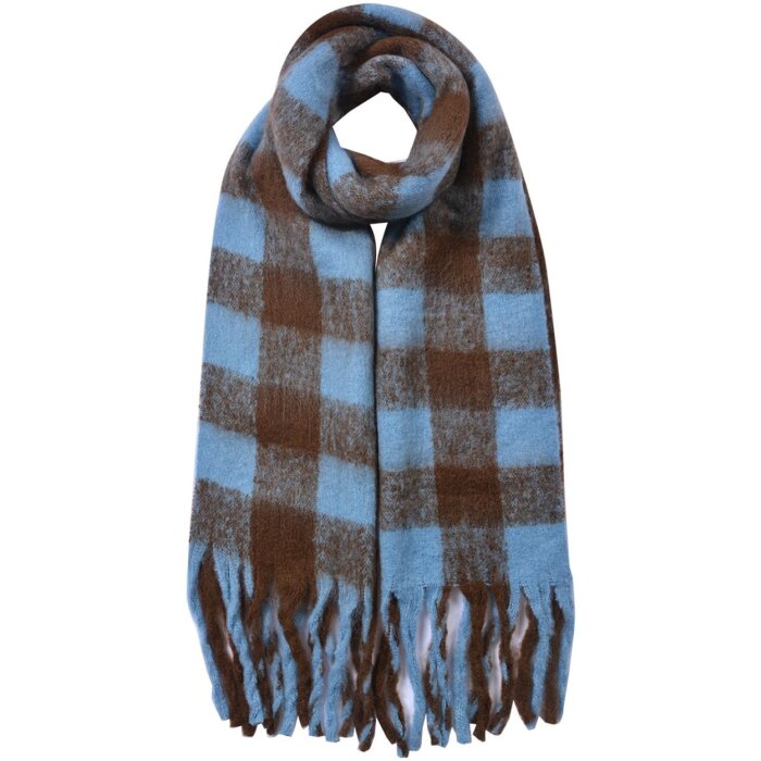 Juleeze JZSC0819BL écharpe bleu-marron 39x200cm franges synthétiques douces