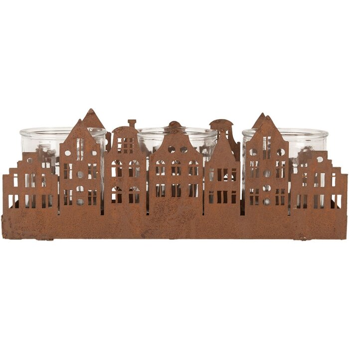 Clayre & Eef 6Y5783 Porte-bougies à chauffe-plat Maisons Marron 30x9x11 cm style rustique