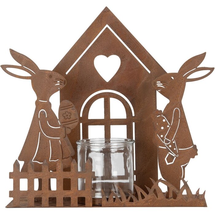 Clayre & Eef 6Y5786 Porte-bougie à chauffe-plat Maison avec lapin Marron 26x9x26 cm