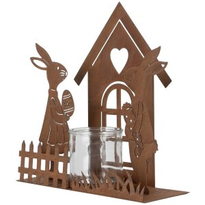 Clayre & Eef 6Y5786 Porte-bougie à chauffe-plat Maison avec lapin Marron 26x9x26 cm