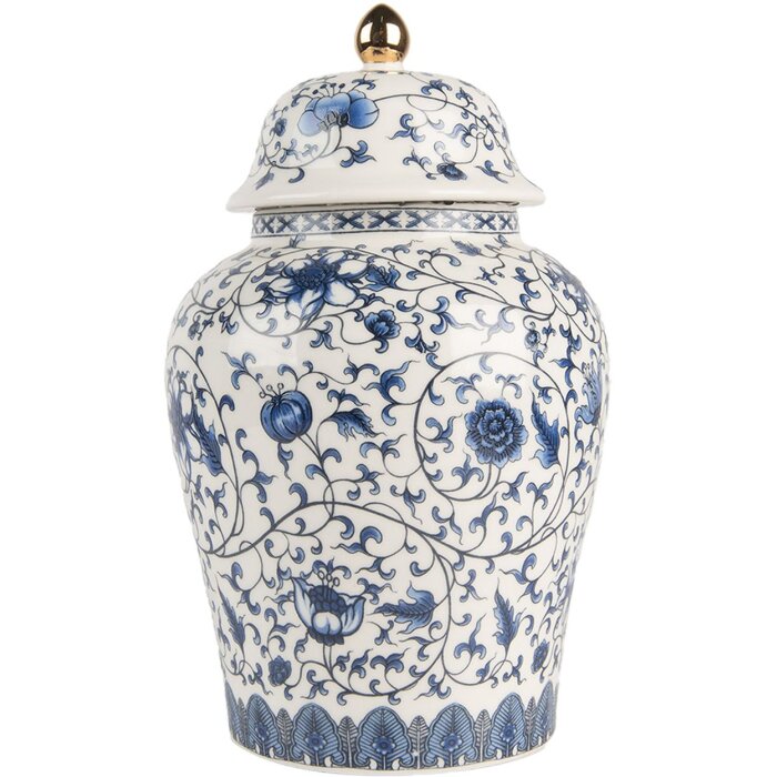 Clayre & Eef 6CE2136 Pot décoratif avec couvercle Blanc-Bleu Ø 12x21 cm