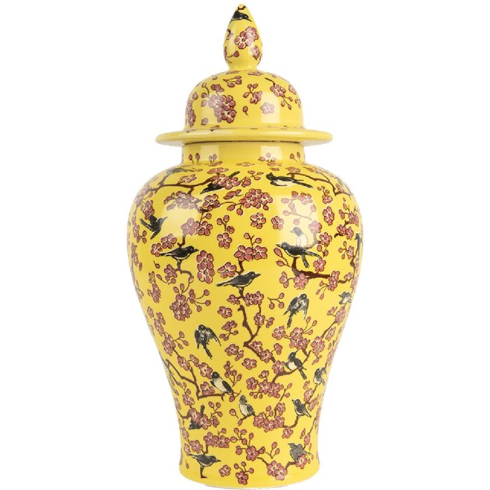 Clayre & Eef 6CE2140 Pot décoratif avec couvercle jaune Cerisier en fleurs Ø11x22 cm