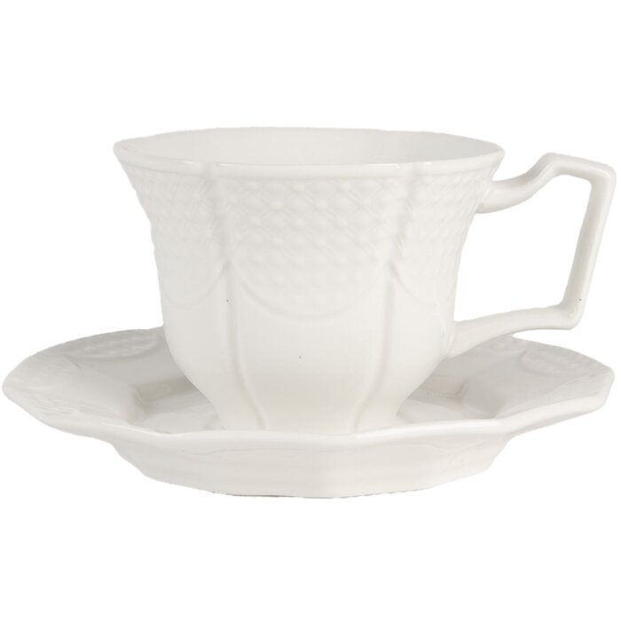 Tasse à café Clayre & Eef avec soucoupe Blanc 175 ml Faïence 12x9x6 cm