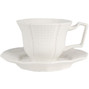 Tasse à café Clayre & Eef avec soucoupe Blanc 175 ml Faïence 12x9x6 cm