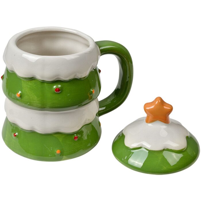 Coupe en céramique de Noël arbre vert Clayre & Eef 350ml avec couvercle et ornement en forme détoile