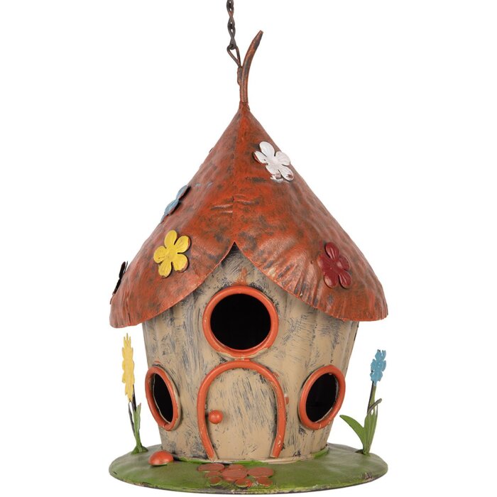 Clayre & Eef 6Y5737 Maison de Oiseaux Métal Beige Toit Rouge Ø 17x27/54 cm