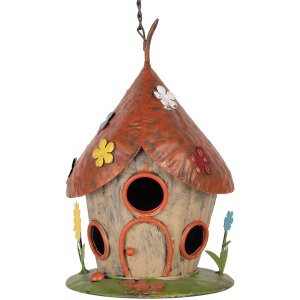 Clayre & Eef 6Y5737 Maison de Oiseaux Métal Beige Toit Rouge Ø 17x27/54 cm
