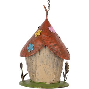 Clayre & Eef 6Y5737 Maison de Oiseaux Métal Beige Toit Rouge Ø 17x27/54 cm