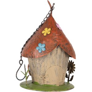 Clayre & Eef 6Y5737 Maison de Oiseaux Métal Beige Toit Rouge Ø 17x27/54 cm