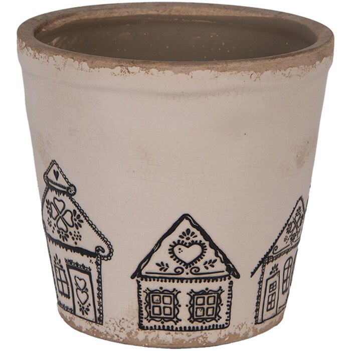 Clayre & Eef 6CE2123M Décoration Pot de fleurs Céramique Beige Noir Ø 15x14 cm