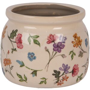 Clayre & Eef Pot de Fleurs Céramique Beige Floral Ø12x10 cm Style Campagne