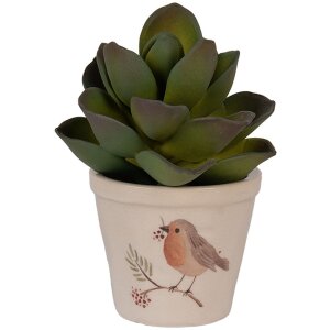 Clayre & Eef Pot à fleurs style champêtre Ø8x7cm Beige Brun Céramique Motif oiseau