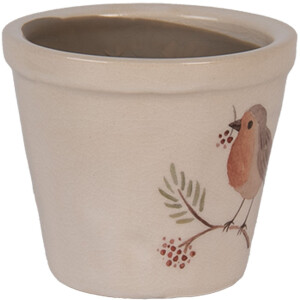 Clayre & Eef Pot à fleurs style champêtre Ø8x7cm Beige Brun Céramique Motif oiseau
