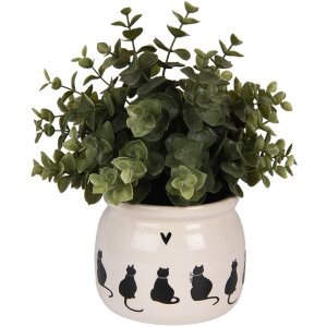 Clayre & Eef Pot de Fleurs Chat Beige Noir Ø12x10 cm Céramique Style Campagne
