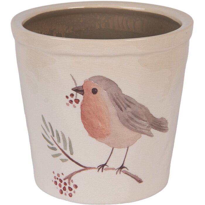 Clayre & Eef Pot à fleurs motif oiseau beige-brun Ø17x16cm style maison de campagne