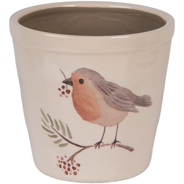 Clayre & Eef Pot de fleurs beige 15x14cm motif oiseau style champêtre céramique