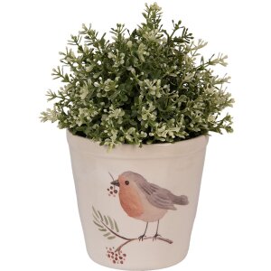 Clayre & Eef Pot de fleurs beige 15x14cm motif oiseau style champêtre céramique