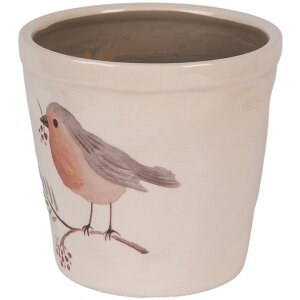 Clayre & Eef Pot de fleurs beige 15x14cm motif oiseau style champêtre céramique