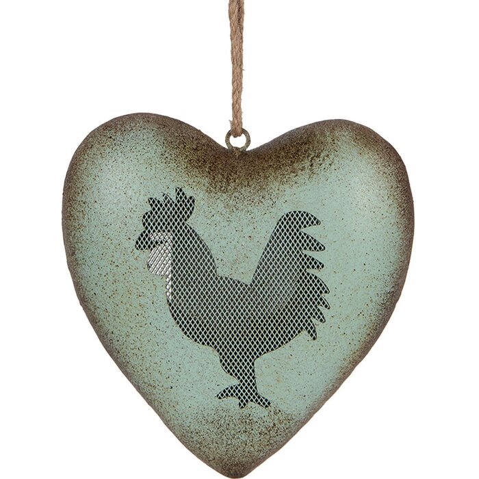 Clayre & Eef Suspension décorative Coeur Coq Vert Brun 23x7x23 cm Style champêtre