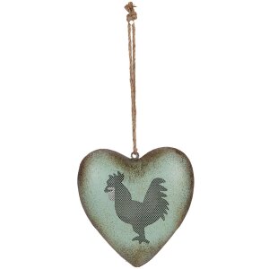 Clayre & Eef Suspension décorative Coeur Coq Vert Brun 23x7x23 cm Style champêtre