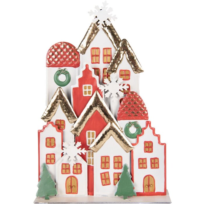 Clayre & Eef Ensemble de maisons décoratives de Noël en métal Blanc Rouge Or 30x8x46 cm