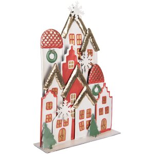 Clayre & Eef Ensemble de maisons décoratives de Noël en métal Blanc Rouge Or 30x8x46 cm