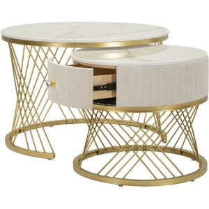 Mauro Ferretti Ensemble de 2 tables basses Votix crème doré 70x48 50x43,5 cm