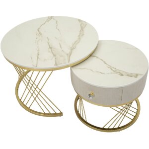 Mauro Ferretti Ensemble de 2 tables basses Votix crème doré 70x48 50x43,5 cm