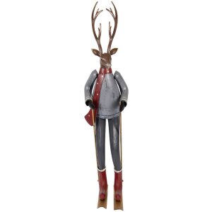 Clayre & Eef Figurine décorative cerf sur skis gris brun rouge 65 cm