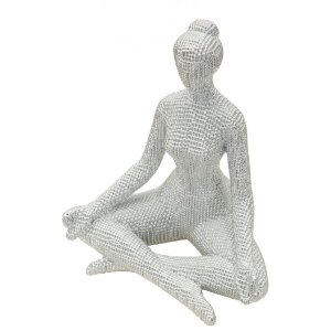 Figurine Yoga Donnina Argent Polyresin Blanche et Argentée 20,5x15,5x23 cm