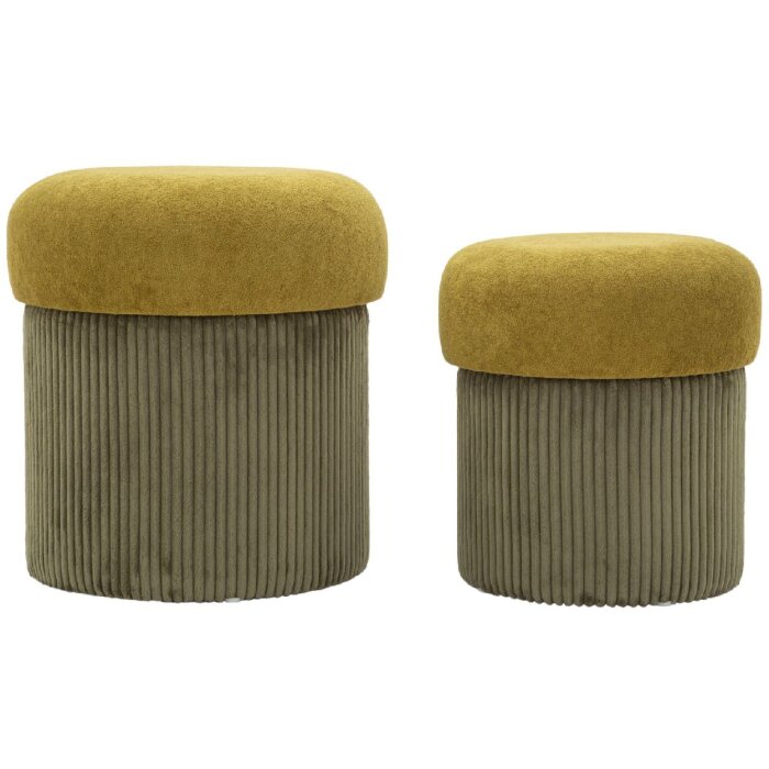 Aspen Ensemble de poufs avec rangement vert 2 pièces Ø42x44cm Ø35x37cm velours polyester