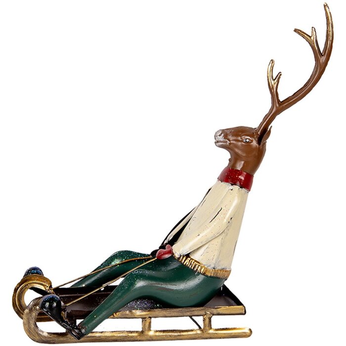 Clayre & Eef Figurine Décorative Cerf sur Luge 30x12x32 cm Marron Beige