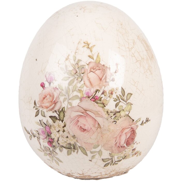 Clayre & Eef Œuf Décoratif Floral Beige Rose 10x12cm