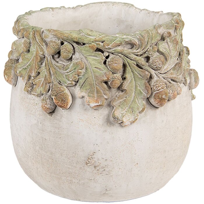 Pot de fleurs Clayre & Eef Relief Feuilles de Chêne 15x13 cm Beige Vert