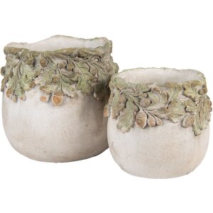 Pot de fleurs Clayre & Eef Relief Feuilles de Chêne 15x13 cm Beige Vert