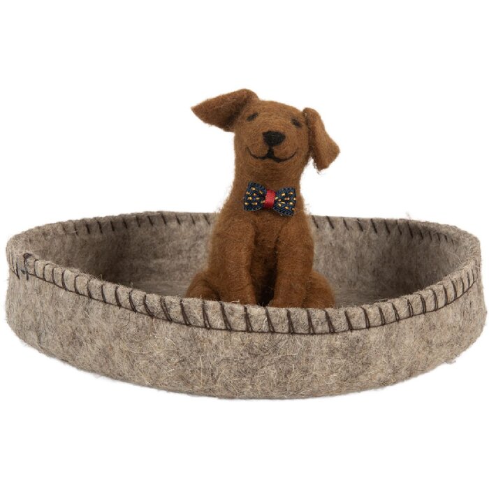 Clayre & Eef Chien en Feutre dans un Panier 19x10 cm Gris et Marron
