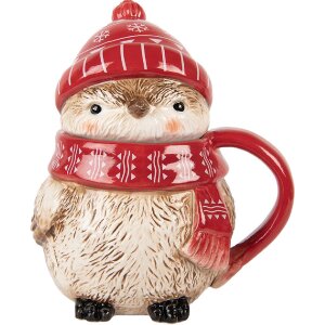 Clayre & Eef Mug Céramique 500ml Rouge Beige avec Couvercle