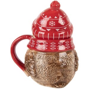 Clayre & Eef Mug Céramique 500ml Rouge Beige avec Couvercle
